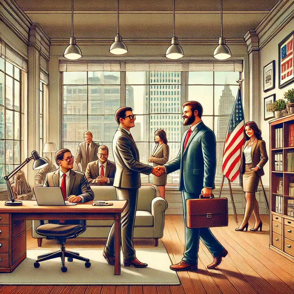 DALL·E 2024-10-21 19.22.14 - A detailed and illustrative painting in a contemporary style, depicting a small American business setting where a business owner is hiring a new emplo