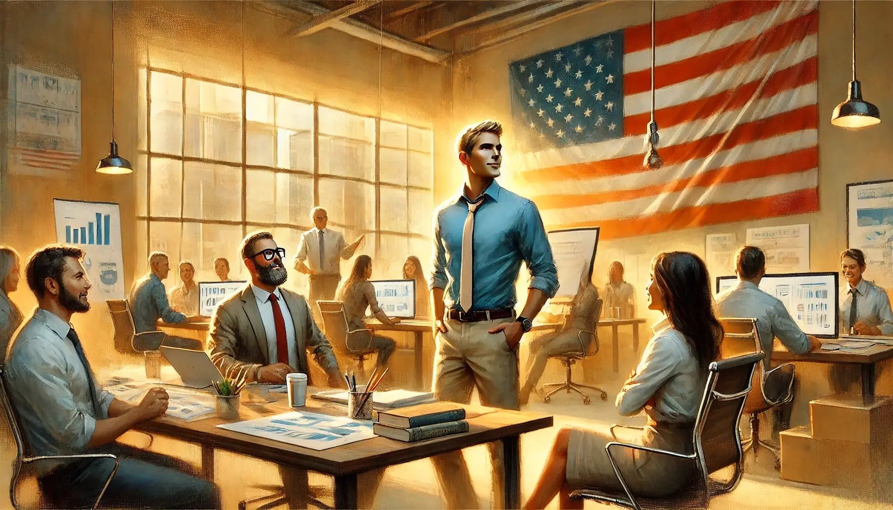 DALL·E 2024-10-23 17.01.42 - A warm, detailed painting that evokes contemporary Americana, showing an optimistic entrepreneur building his first sales team. The characters are wea