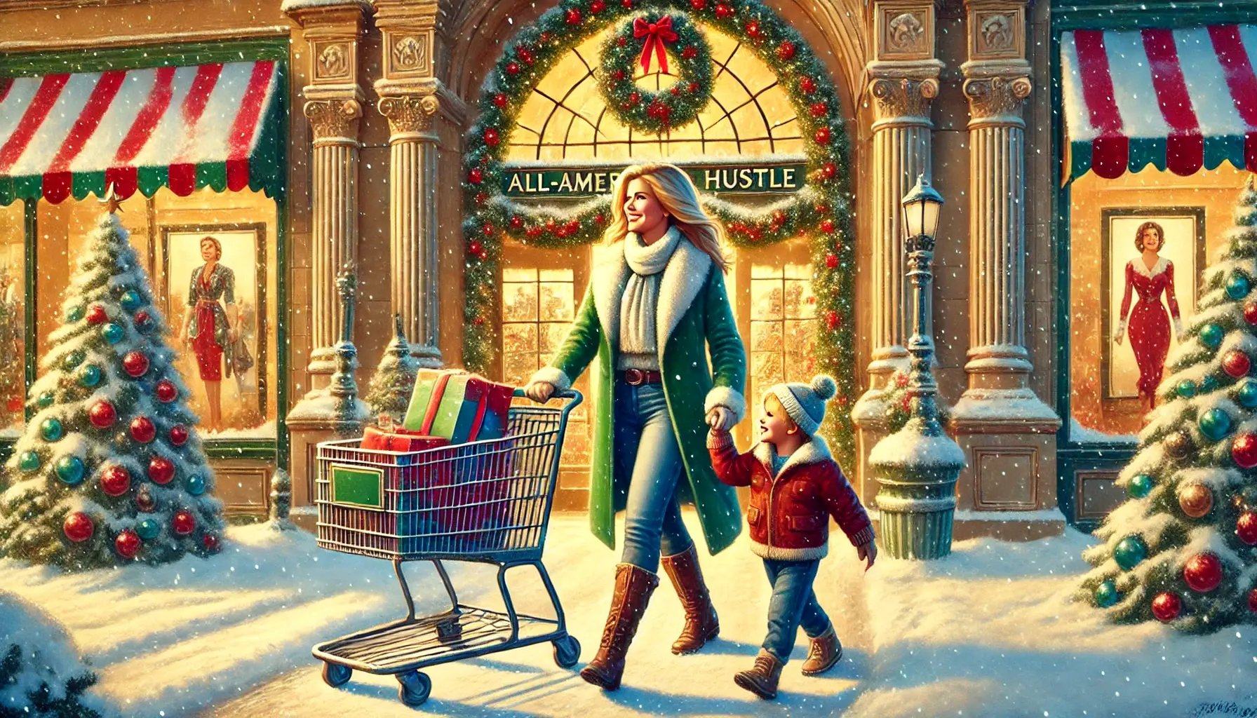 DALL·E 2024-10-24 12.45.04 - A warm, detailed painting in the All-American Hustle art style showing a mother and her young son walking together toward a holiday-decorated depart